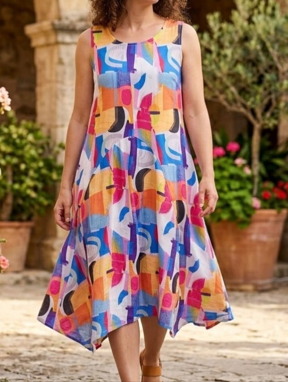 PERIWINKLE... Sleeveless Abstract Print Swing Midi Dress Size M Wide- Multicolor